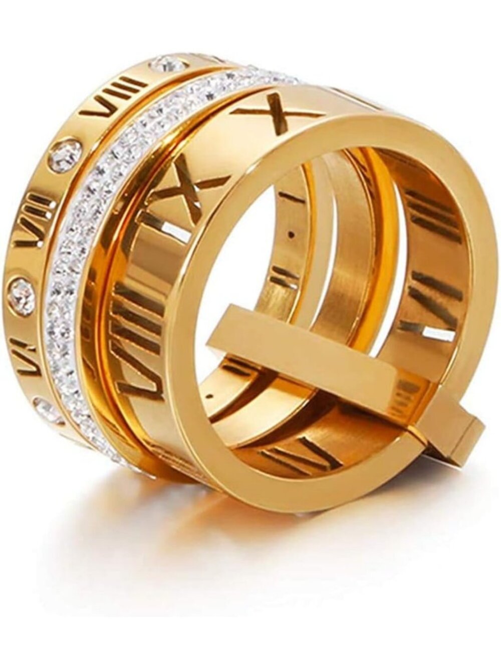 Stainless Steel CZ Roman Numeral Stacking Ring Set for Women - 3-in-1 Spinner